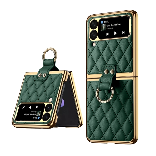 

For Samsung Galaxy Z Flip4 Diamond Lattice Plain Leather Ring Phone Case(Green)