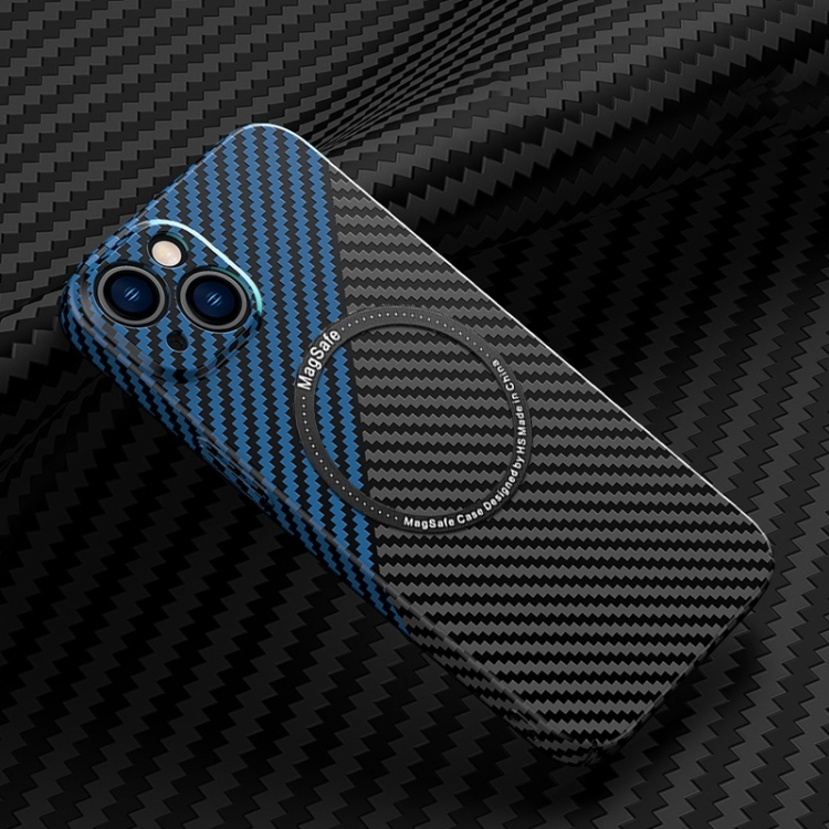 

For iPhone 14 Plus Carbon Fiber Texture MagSafe Magnetic Phone Case (Black Blue)
