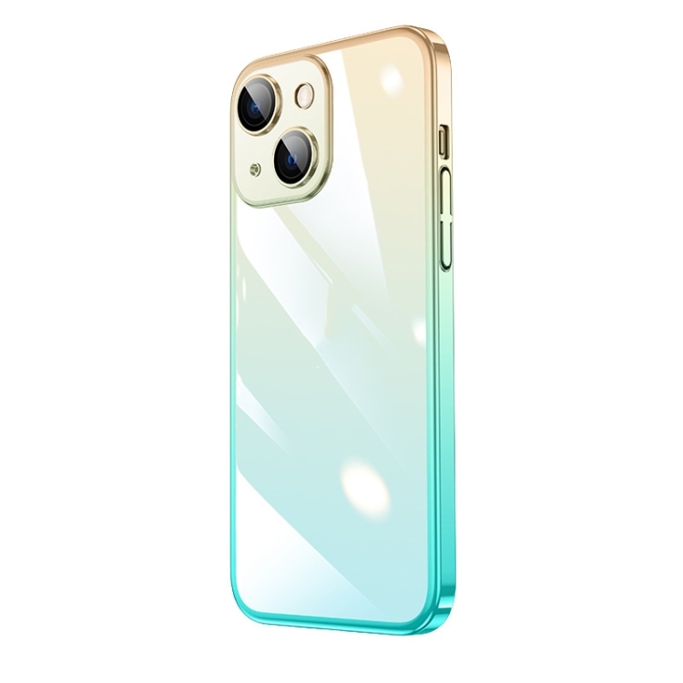 

For iPhone 14 Transparent Electroplated PC Gradient Phone Case (Cyan-blue Gold)