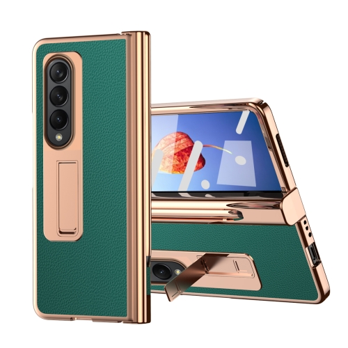 

For Samsung Galaxy Z Fold4 Litchi Texture Leather Hinged Electroplated Phone Case with Pen(Green)