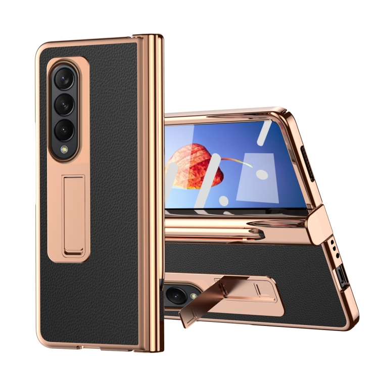 

For Samsung Galaxy Z Fold4 Litchi Texture Leather Hinged Electroplated Phone Case with Pen(Black)