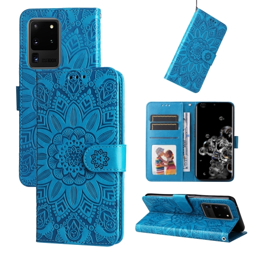 

For Samsang Galaxy S20 Ultra Embossed Sunflower Leather Phone Case(Blue)