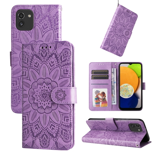 

For Samsang Galaxy A03 EU 166mm Embossed Sunflower Leather Phone Case(Purple)
