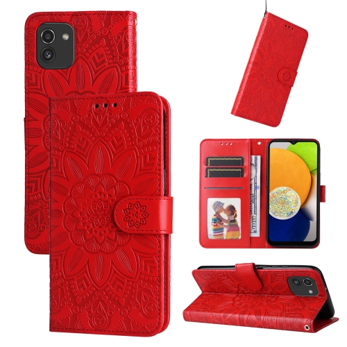 

For Samsung Galaxy A03 EU 166mm Embossed Sunflower Leather Phone Case(Red)