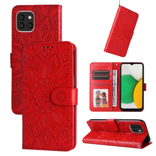 

For Samsung Galaxy A03 Global 164mm Embossed Sunflower Leather Phone Case(Red)