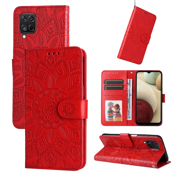 

For Samsung Galaxy A12 4G / 5G Embossed Sunflower Leather Phone Case(Red)