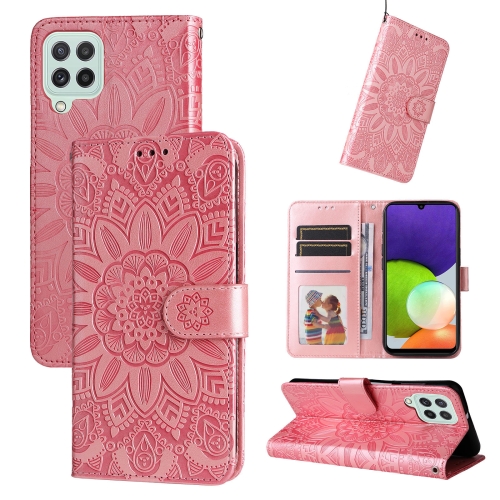 

For Samsung Galaxy A22 4G / M22 / M32 4G Global Embossed Sunflower Leather Phone Case(Pink)