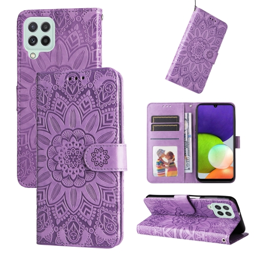 

For Samsung Galaxy A22 4G / M22 / M32 4G Global Embossed Sunflower Leather Phone Case(Purple)