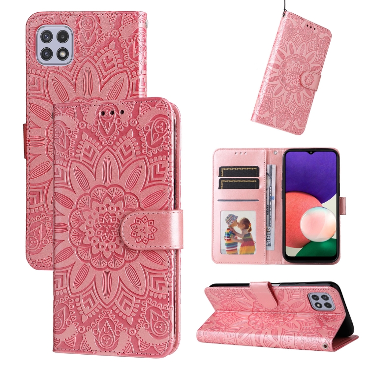 

For Samsung Galaxy A22 5G Embossed Sunflower Leather Phone Case(Pink)