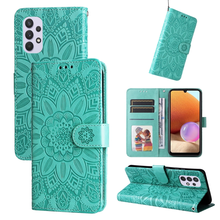 

For Samsung Galaxy A32 4G Embossed Sunflower Leather Phone Case(Green)