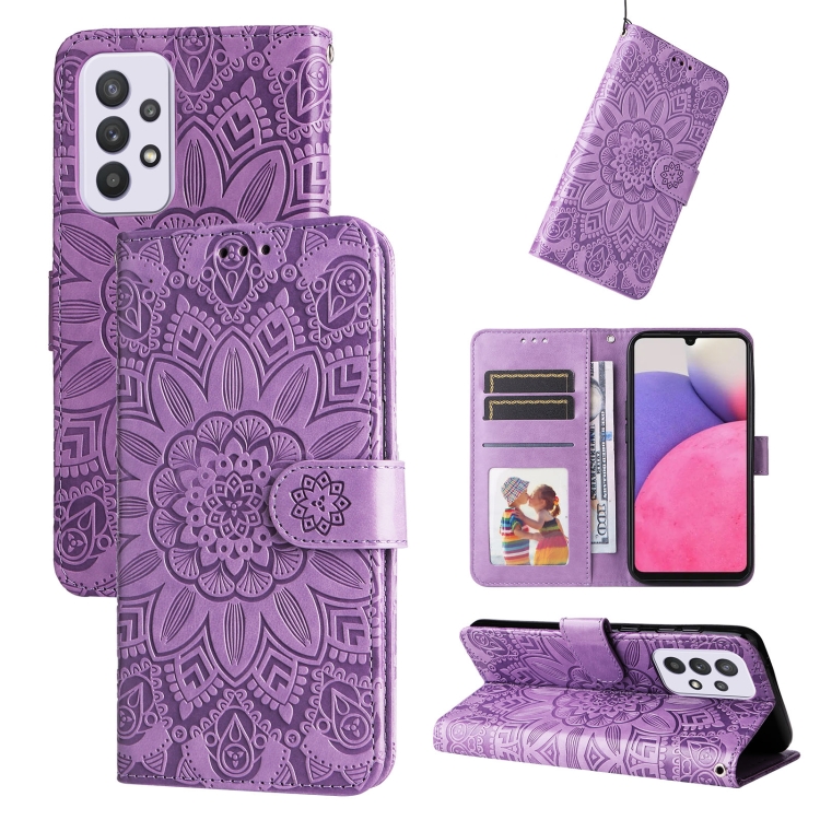 

For Samsung Galaxy A52 4G / 5G Embossed Sunflower Leather Phone Case(Purple)