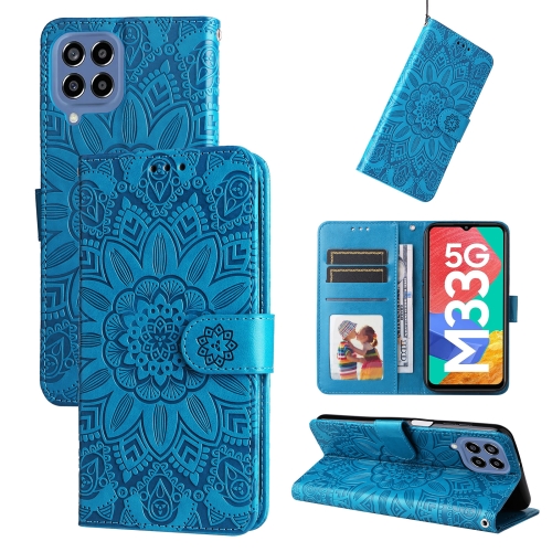 

For Samsung Galaxy M33 5G Global Embossed Sunflower Leather Phone Case(Blue)