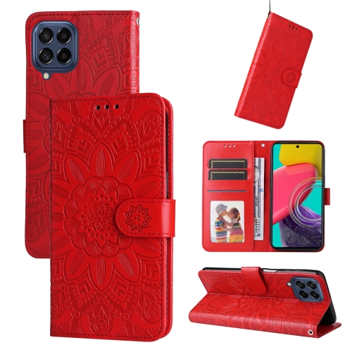 

For Samsung Galaxy M53 5G Embossed Sunflower Leather Phone Case(Red)