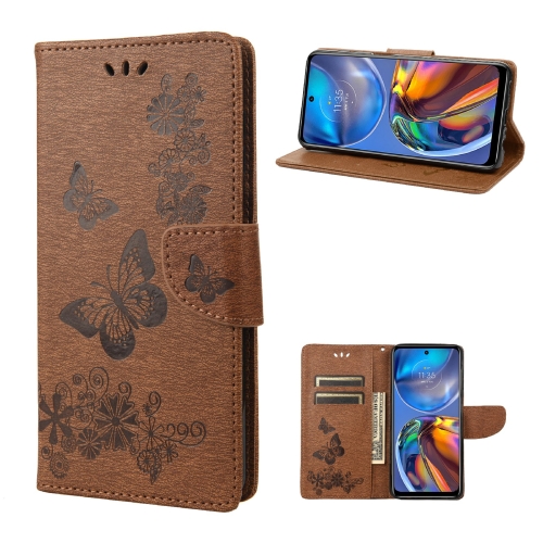 

For Motorola Moto E32 Butterflies Embossing Horizontal Flip Leather Phone Case(Brown)