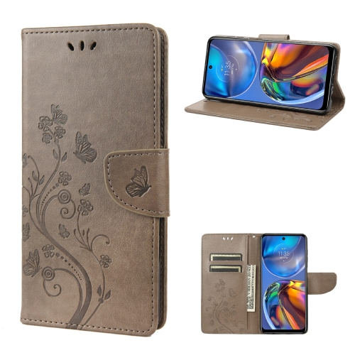 

For Motorola Moto E32 Butterfly Flower Pattern Horizontal Flip Leather Phone Case with Card Slot & Holder(Grey)