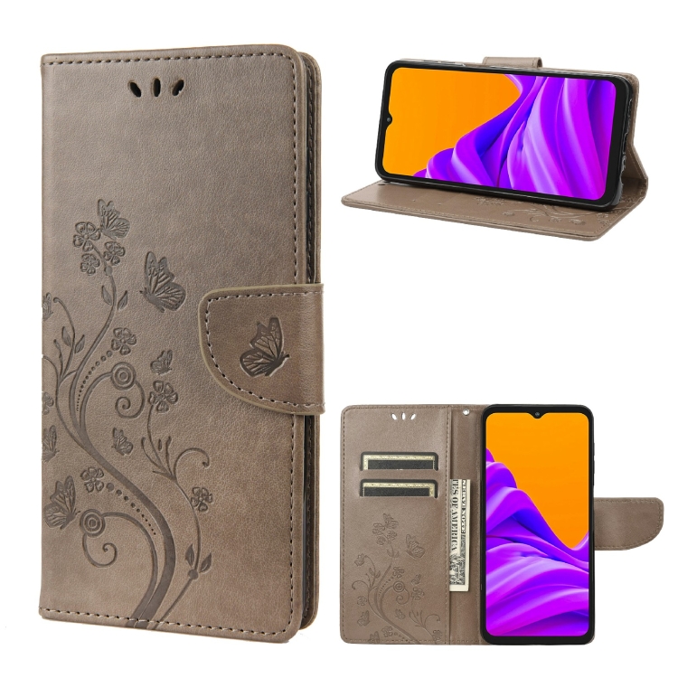 

For Samsung Galaxy Xcover6 Pro Butterfly Flower Pattern Horizontal Flip Leather Phone Case with Card Slot & Holder(Grey)