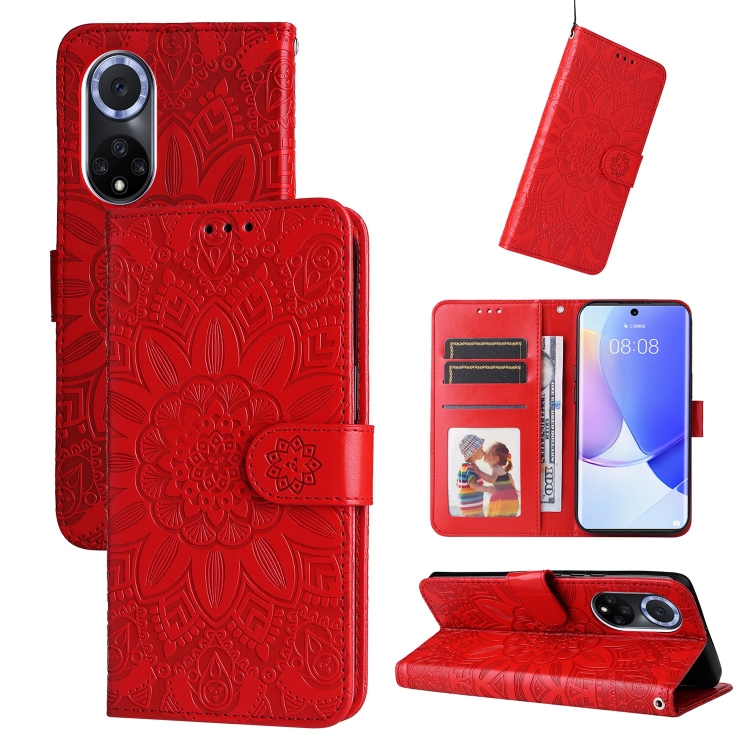 

For Honor 50 / Huawei nova 9 Embossed Sunflower Leather Phone Case(Red)