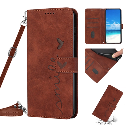 

For Samsung Galaxy A02S 166MM US Version Skin Feel Heart Pattern Leather Phone Case With Lanyard(Brown)