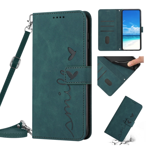 

For Samsung Galaxy S10+ Skin Feel Heart Pattern Leather Phone Case With Lanyard(Green)