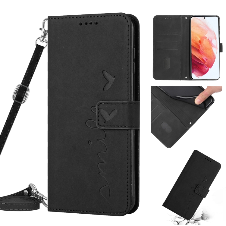 

For Samsung Galaxy S21 Skin Feel Heart Pattern Leather Phone Case With Lanyard(Black)
