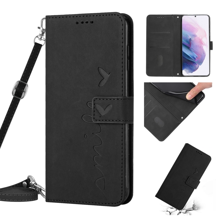 

For Samsung Galaxy S21+ Skin Feel Heart Pattern Leather Phone Case With Lanyard(Black)