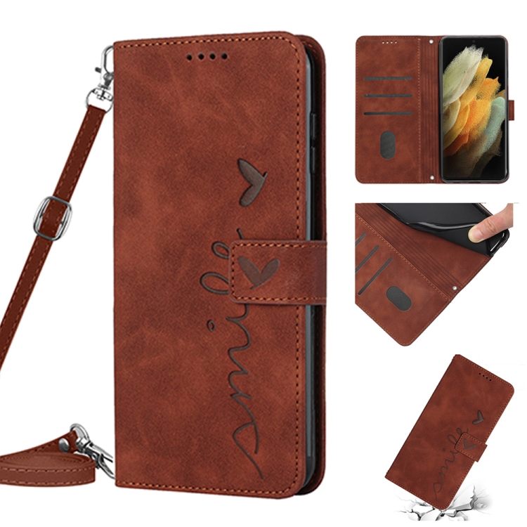 

For Samsung Galaxy S21 Ultra Skin Feel Heart Pattern Leather Phone Case With Lanyard(Brown)