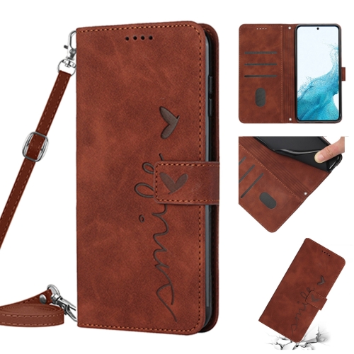 

For Samsung Galaxy S22 Skin Feel Heart Pattern Leather Phone Case With Lanyard(Brown)