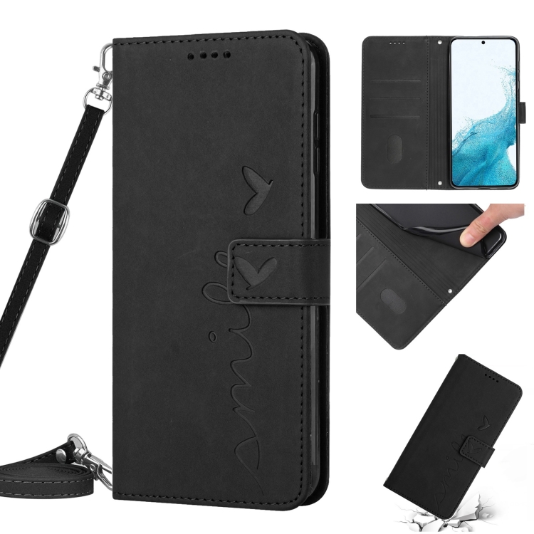

For Samsung Galaxy S22+ Skin Feel Heart Pattern Leather Phone Case With Lanyard(Black)
