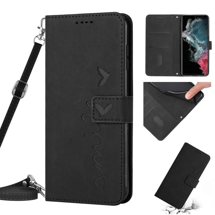 

For Samsung Galaxy S22 Ultra Skin Feel Heart Pattern Leather Phone Case With Lanyard(Black)