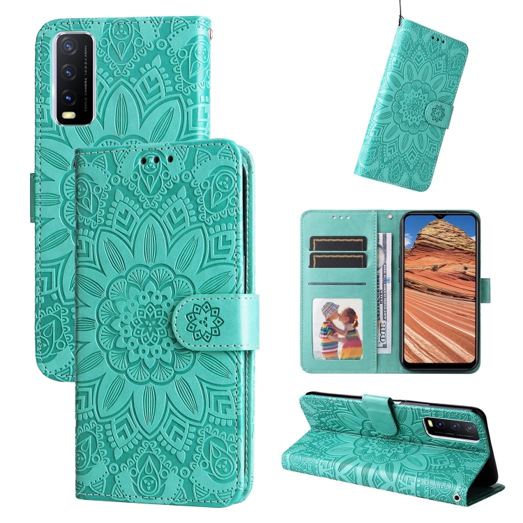 

For vivo Y20 Embossed Sunflower Leather Phone Case(Green)
