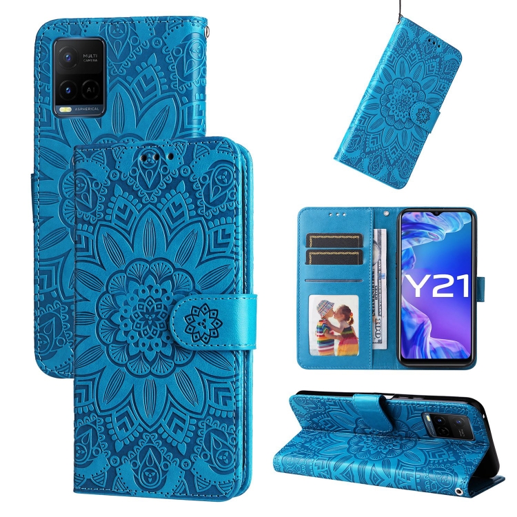 

For vivo Y21 2021 / Y21s / Y33s Embossed Sunflower Leather Phone Case(Blue)