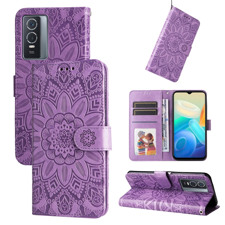 

For vivo Y76s / Y76 5G Embossed Sunflower Leather Phone Case(Purple)