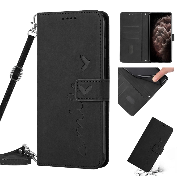 

Skin Feel Heart Pattern Leather Phone Case With Lanyard For iPhone 11 Pro Max(Black)