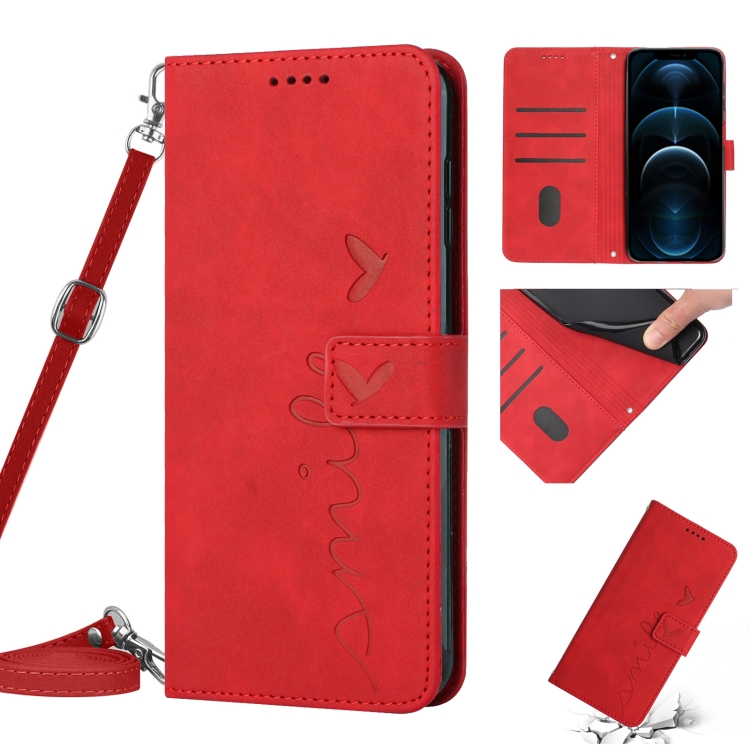 

Skin Feel Heart Pattern Leather Phone Case With Lanyard For iPhone 12 Pro Max(Red)