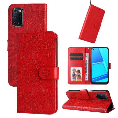 

For OPPO A52 / A72 / A92 Embossed Sunflower Leather Phone Case(Red)