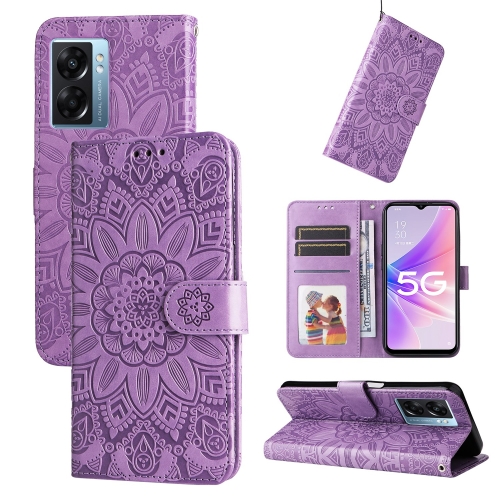 

For OPPO A57 5G / Realme V23 Embossed Sunflower Leather Phone Case(Purple)