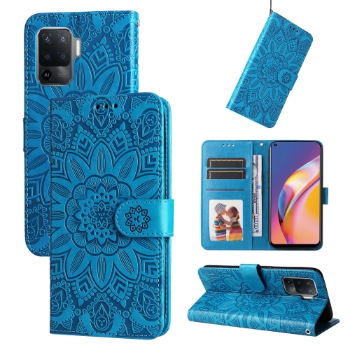 

For OPPO A94 4G / F19 Pro / Reno5 F Embossed Sunflower Leather Phone Case(Blue)