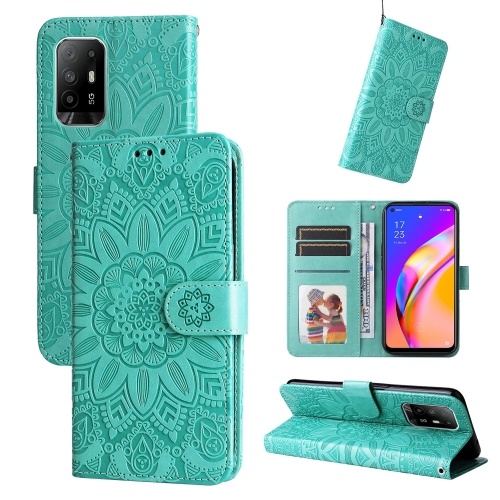 

For OPPO A94 5G / A95 5G / F19 Pro+ Embossed Sunflower Leather Phone Case(Green)