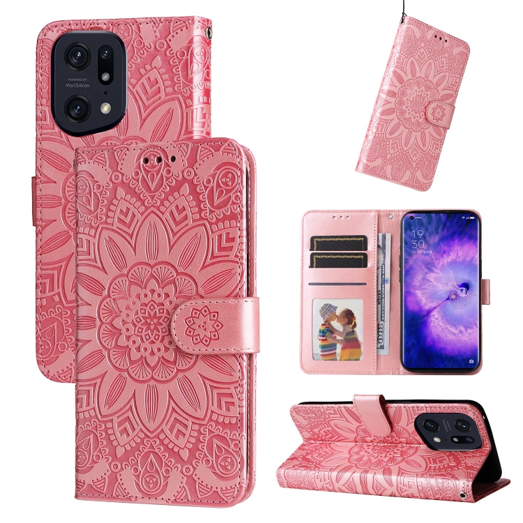 

For OPPO Find X5 Embossed Sunflower Leather Phone Case(Rose Gold)