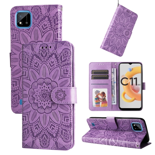 

For OPPO Realme C11 2021 / C20 Embossed Sunflower Leather Phone Case(Purple)