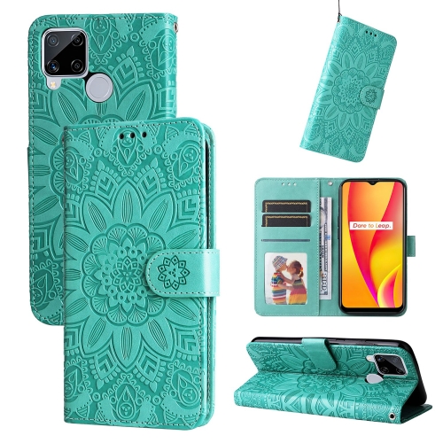 

For OPPO Realme C15 / C12 / C25 Embossed Sunflower Leather Phone Case(Green)