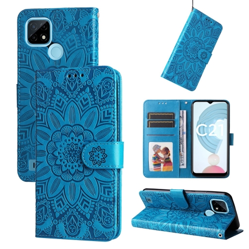 

For OPPO Realme C21 / C21Y Embossed Sunflower Leather Phone Case(Blue)
