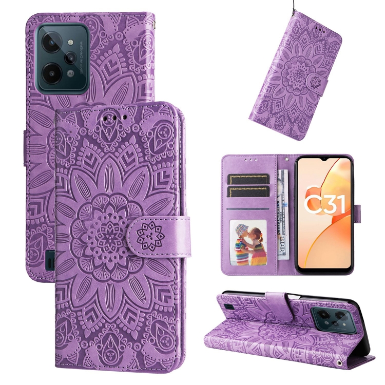 

For OPPO Realme C31 Embossed Sunflower Leather Phone Case(Purple)