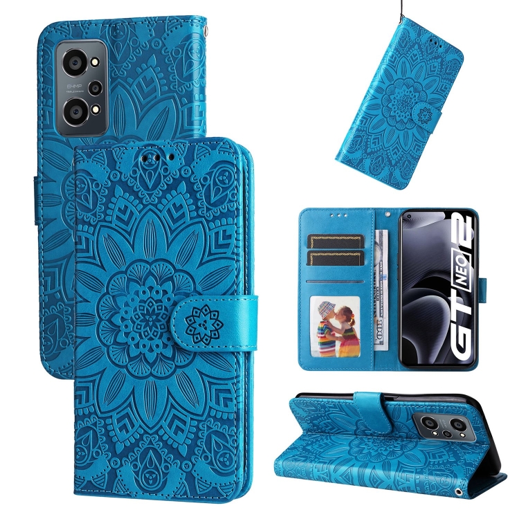 

For OPPO Realme GT Neo2 Embossed Sunflower Leather Phone Case(Blue)