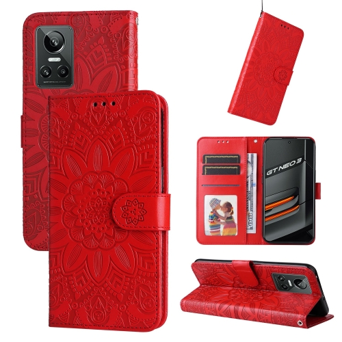 

For OPPO Realme GT Neo3 Embossed Sunflower Leather Phone Case(Red)