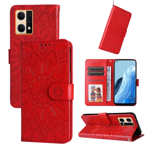 

For OPPO Reno7 4G / F21 Pro Embossed Sunflower Leather Phone Case(Red)