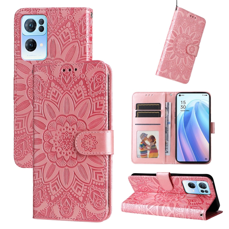 

For OPPO Reno7 Pro 5G Embossed Sunflower Leather Phone Case(Rose Gold)