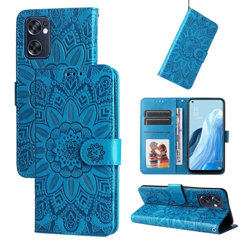 

For OPPO Reno7 SE Embossed Sunflower Leather Phone Case(Blue)