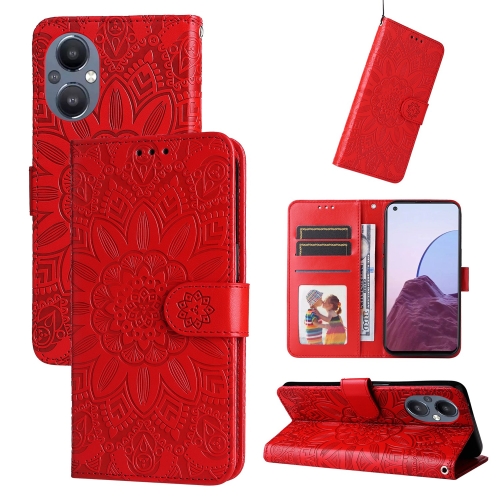 

For OPPO Reno7 Z / OnePlus Nord N20 5G Embossed Sunflower Leather Phone Case(Red)