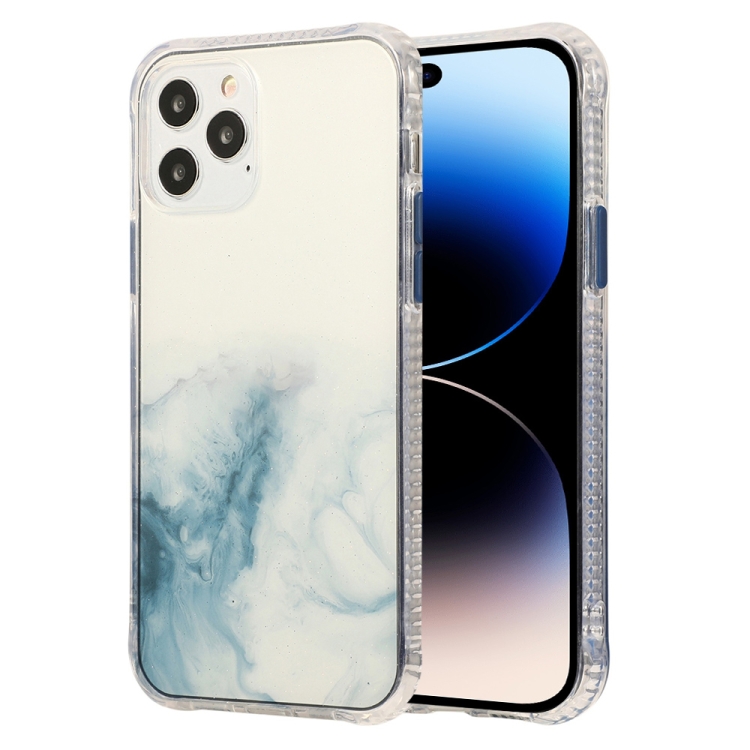 

For iPhone 14 Pro Marble Pattern Glittery Powder Shockproof TPU + Acrylic Phone Case(Baby Blue)